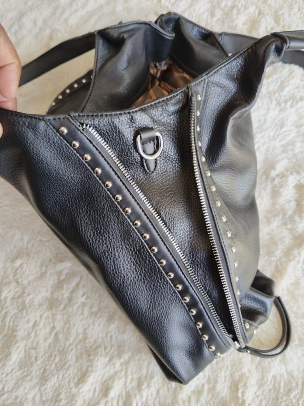 Black Pebble Leather Studded Hobo Bag Shoulder Tote Zipper Accents Edgy Rocker - Picture 7 of 12